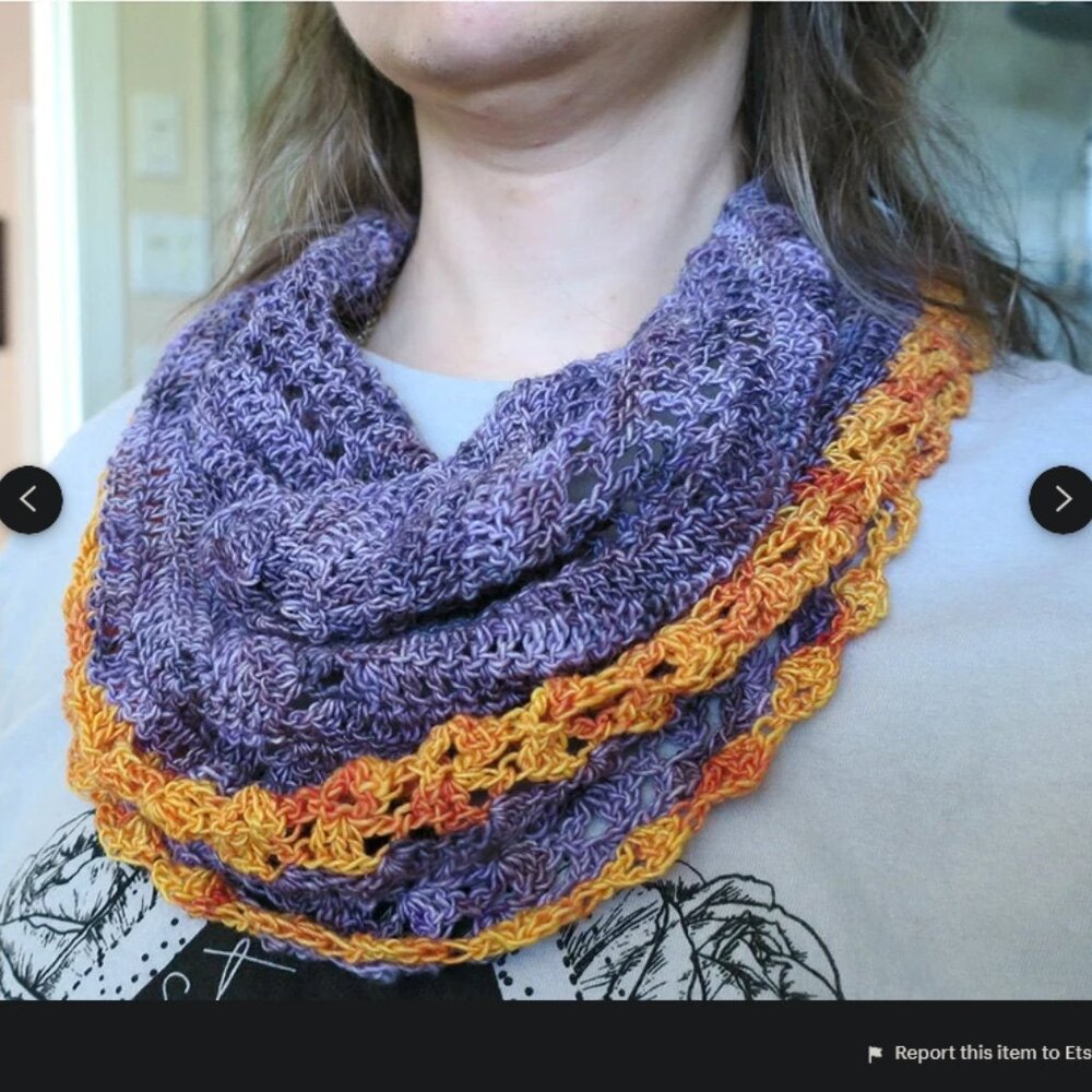 NEW Delicate Crochet Lace 100% Merino Wool Purple and Gold Cowl